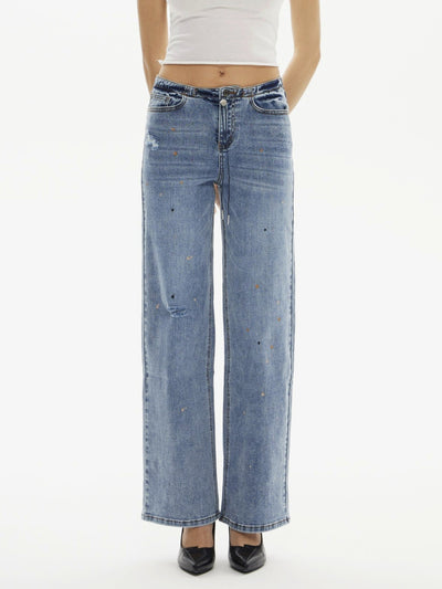 Super Stretch Low-Rise String Wide Leg Jeans - Mid Washed | BTTW003