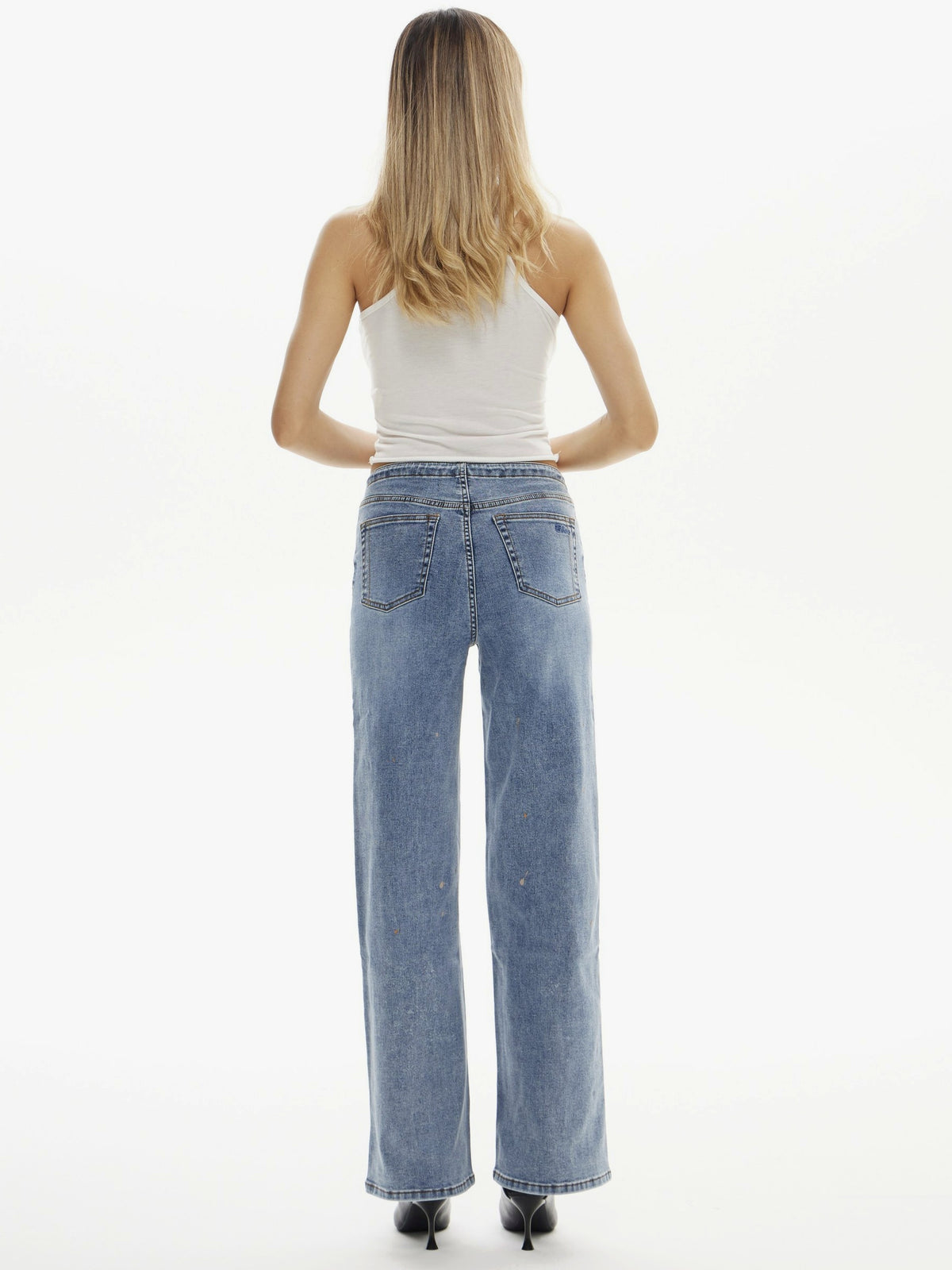 Super Stretch Low-Rise String Wide Leg Jeans - Mid Washed | BTTW003