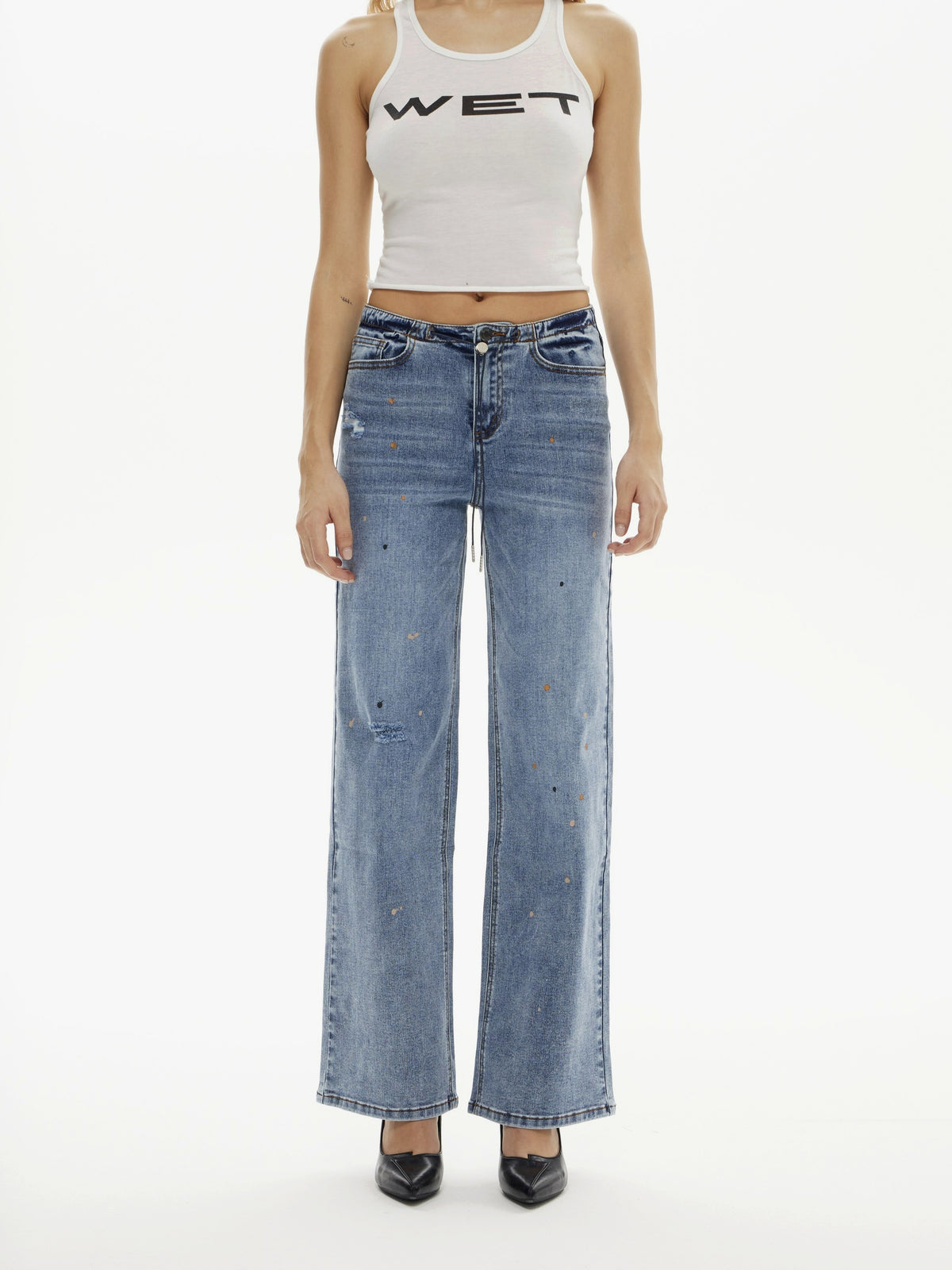 Super Stretch Low-Rise String Wide Leg Jeans - Mid Washed | BTTW003