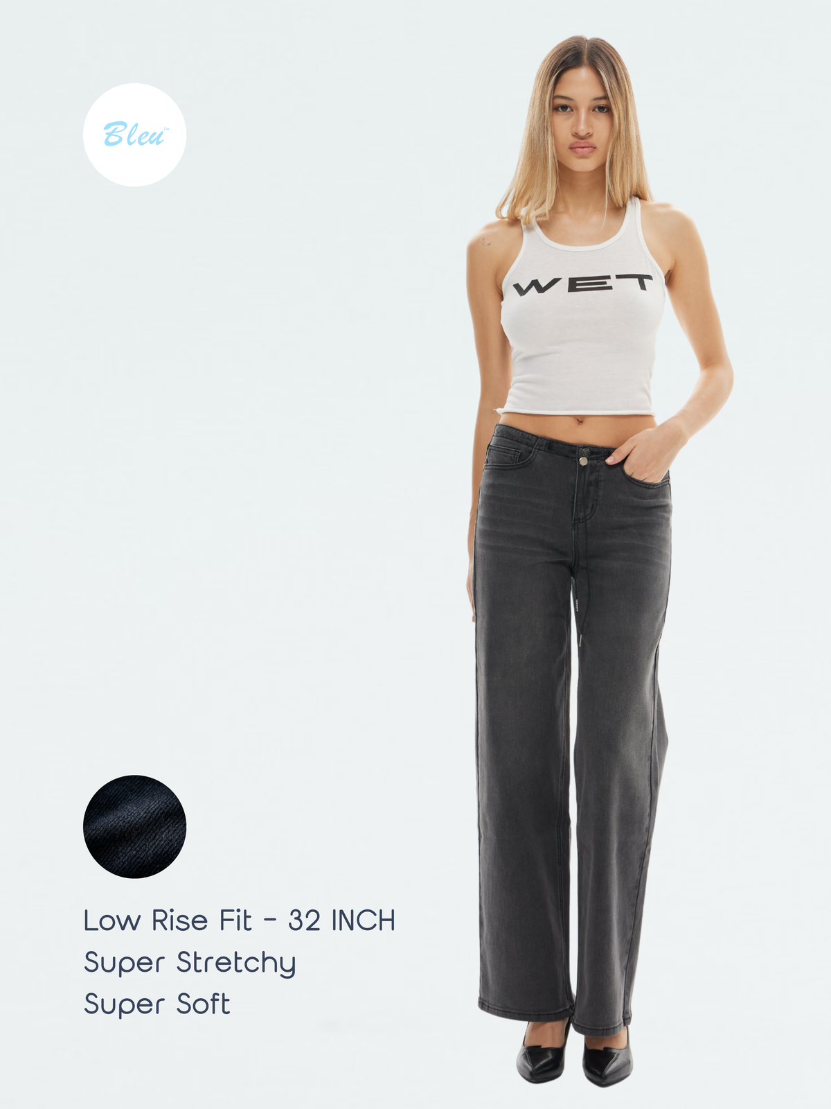 Super Stretch Low-Rise String Wide Leg Jeans - Black | BTTW003