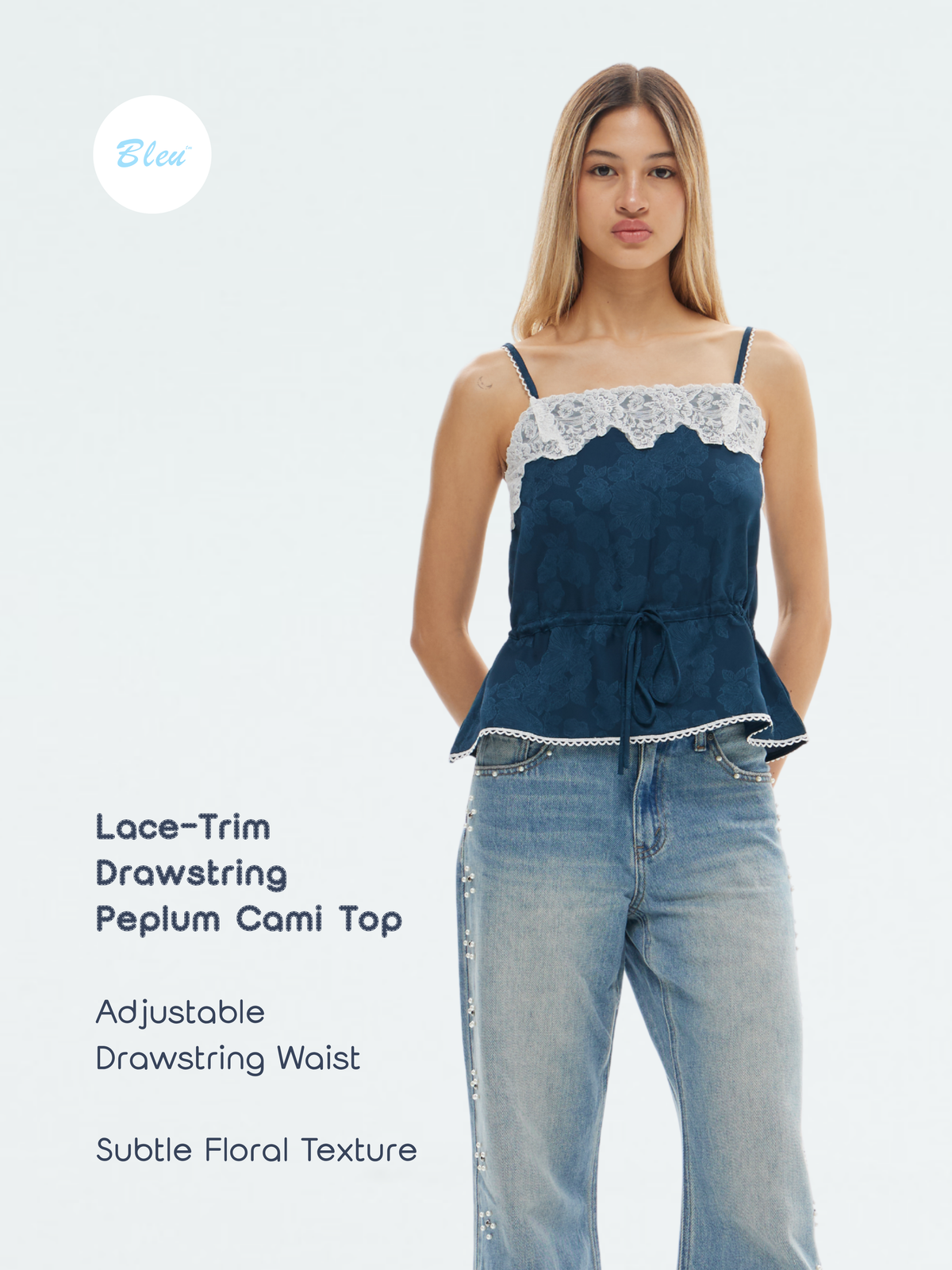 Lace Trim Drawstring Peplum Cami Top | BLEU
