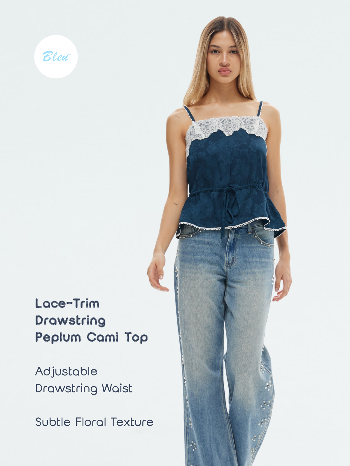 Lace Trim Drawstring Peplum Cami Top | BLEU