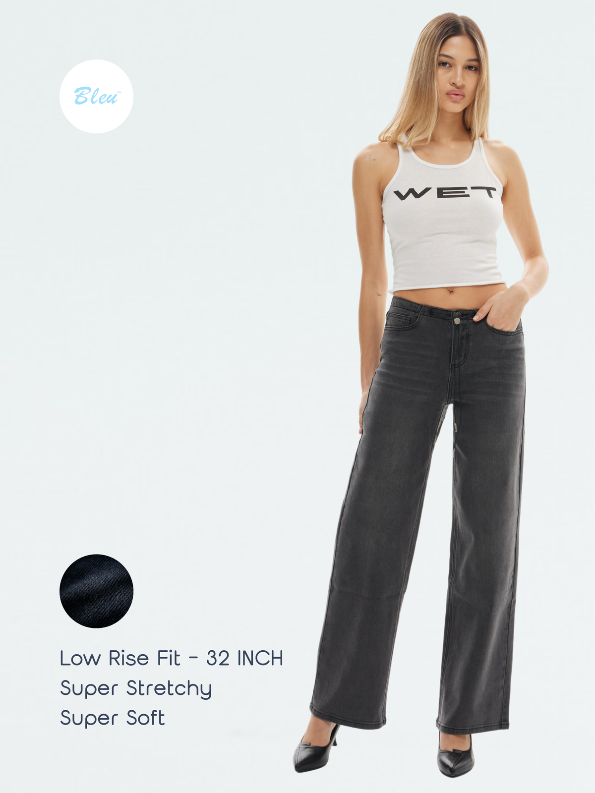 Super Stretch Low-Rise String Wide Leg Jeans - Black | BTTW003