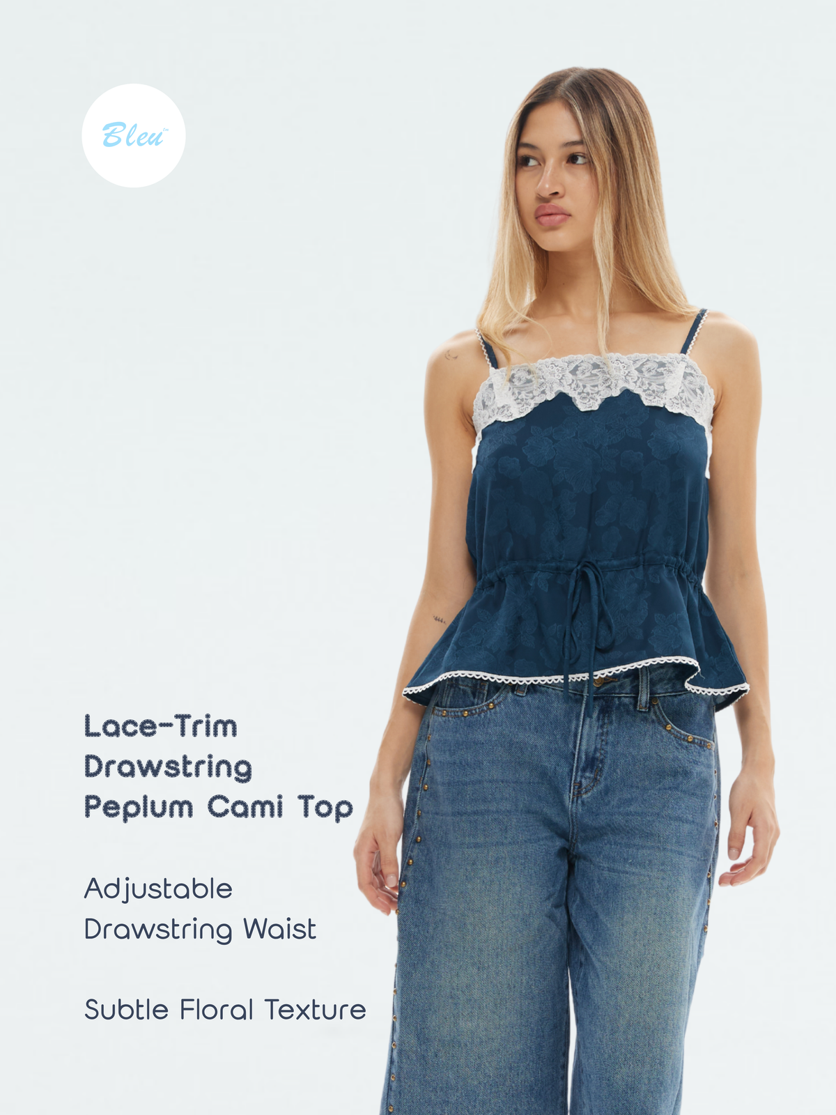 Lace Trim Drawstring Peplum Cami Top | BLEU