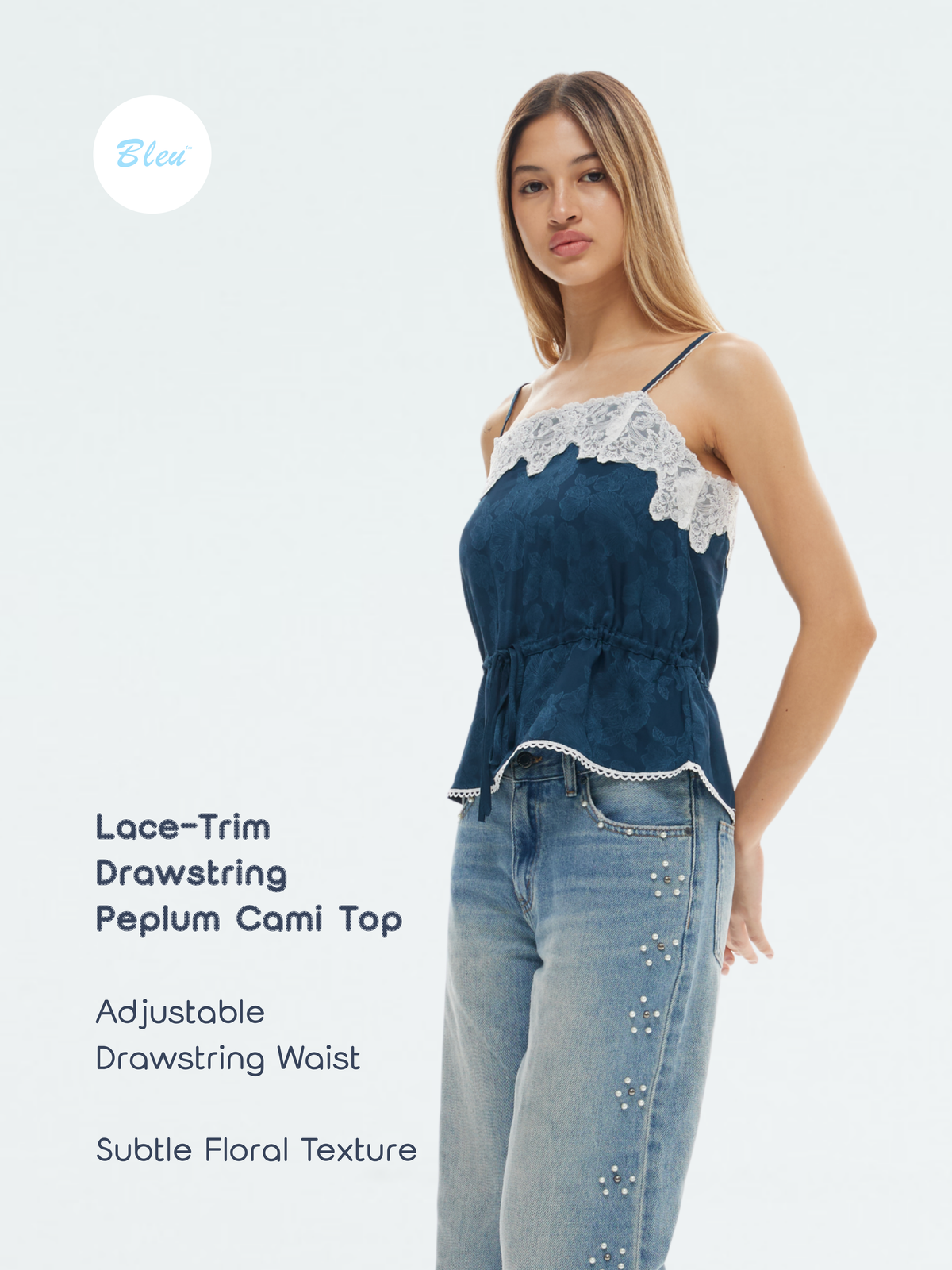 Lace Trim Drawstring Peplum Cami Top | BLEU