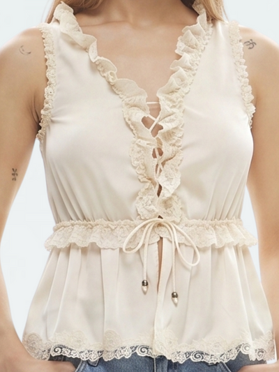 Women’s Ruffle V-Neck Lace-Trim Tie-Waist Peplum Top