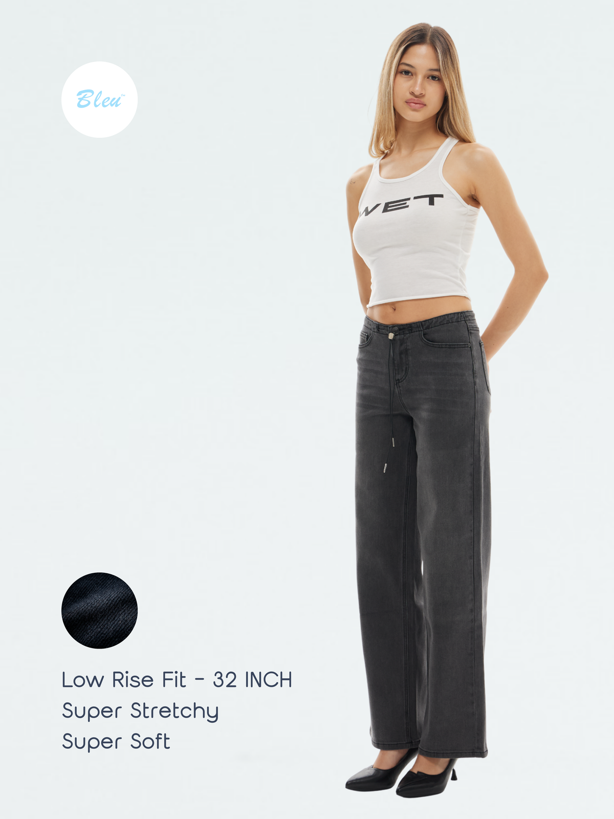 Super Stretch Low-Rise String Wide Leg Jeans - Black | BTTW003