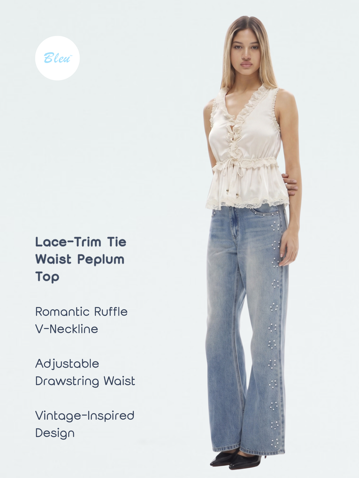 Women’s Ruffle V-Neck Lace-Trim Tie-Waist Peplum Top