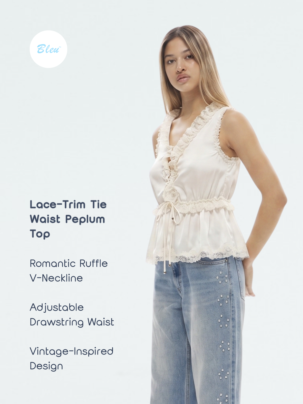 Women’s Ruffle V-Neck Lace-Trim Tie-Waist Peplum Top