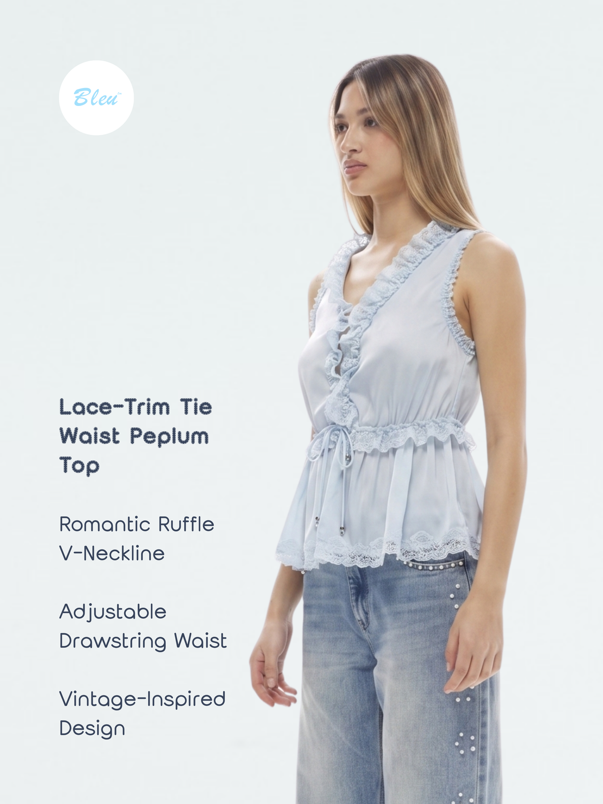 Women’s Ruffle V-Neck Lace-Trim Tie-Waist Peplum Top