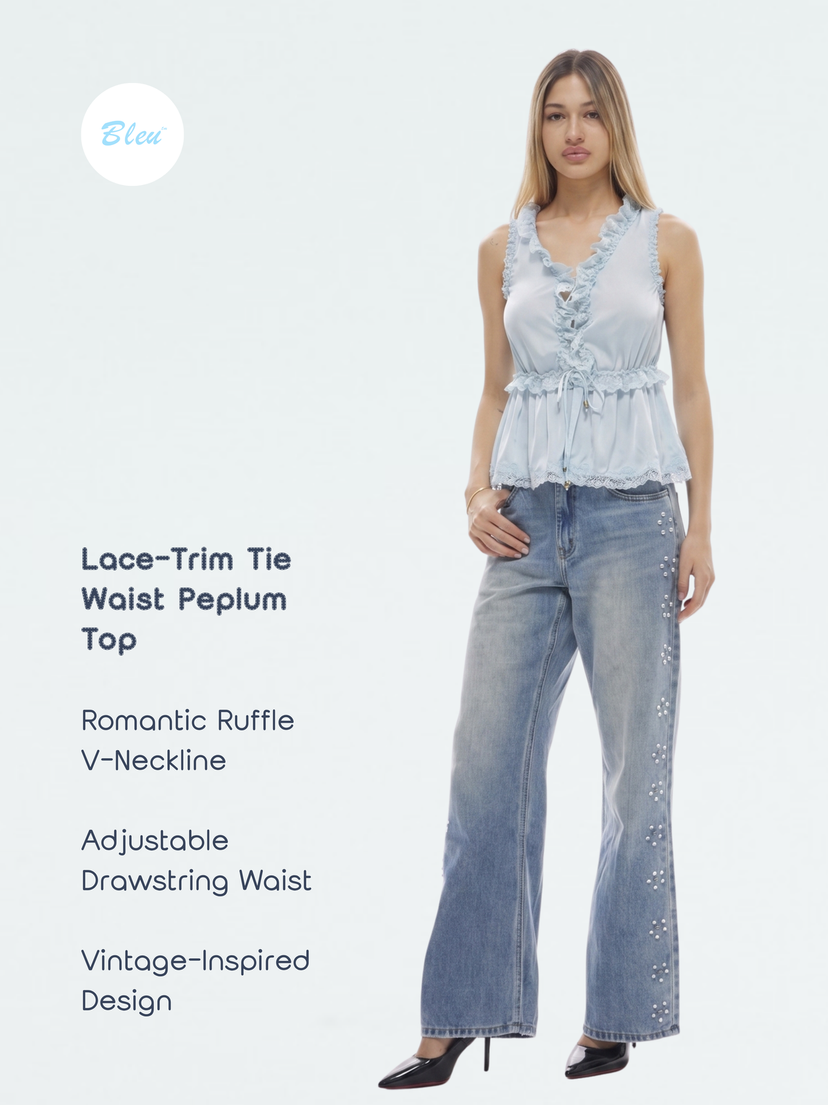 Women’s Ruffle V-Neck Lace-Trim Tie-Waist Peplum Top