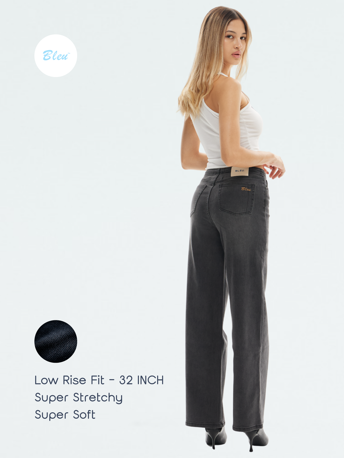 Super Stretch Low-Rise String Wide Leg Jeans - Black | BTTW003