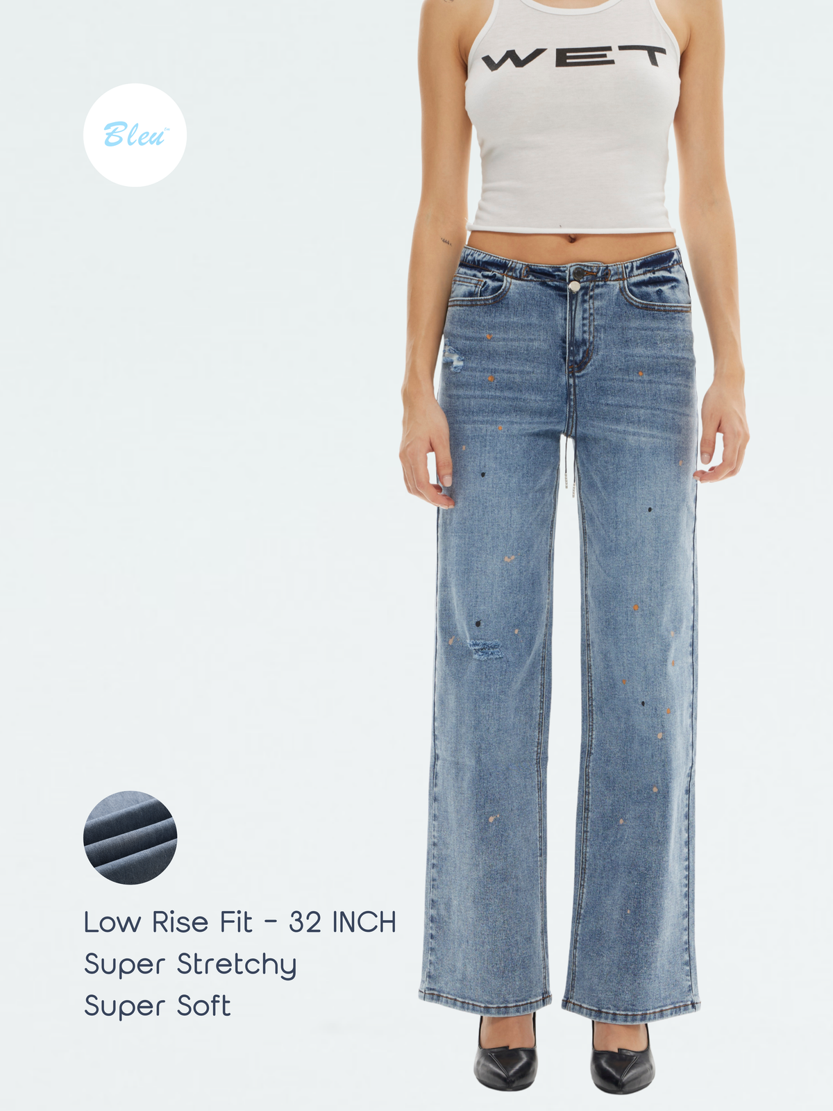 Super Stretch Low-Rise String Wide Leg Jeans - Black | BTTW003