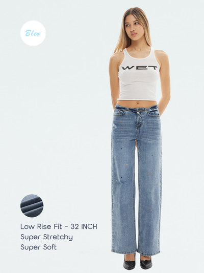 Super Stretch Low-Rise String Wide Leg Jeans - Black | BTTW003