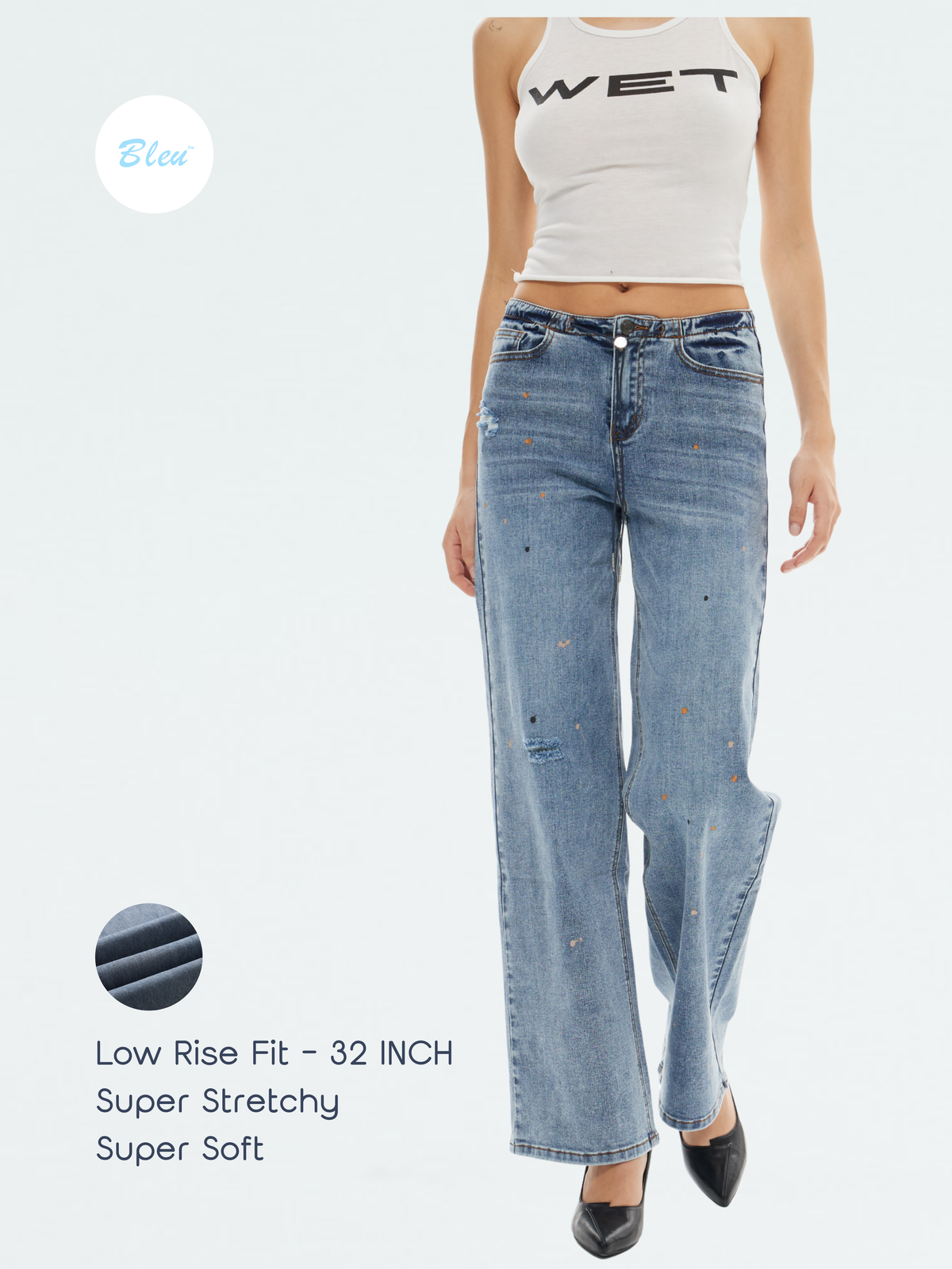 Super Stretch Low-Rise String Wide Leg Jeans - Black | BTTW003