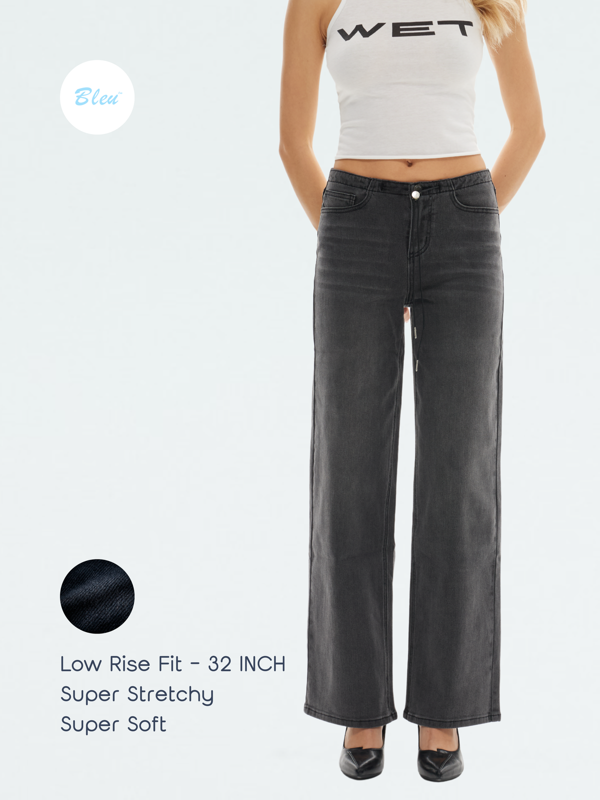 Super Stretch Low-Rise String Wide Leg Jeans - Black | BTTW003