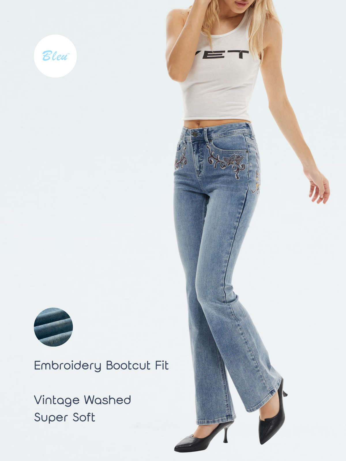 Women’s Vintage Wash Butterfly Embroidered Bootcut Jeans | BTTW013