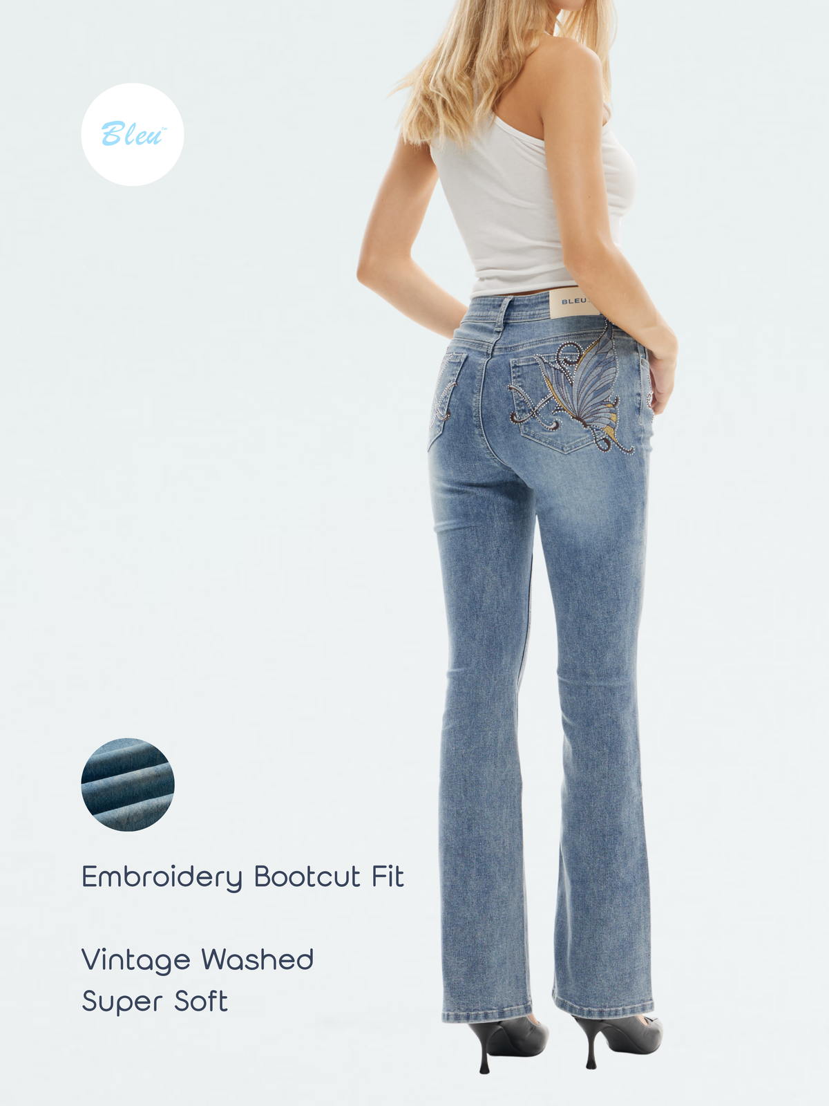 Women’s Vintage Wash Butterfly Embroidered Bootcut Jeans | BTTW013