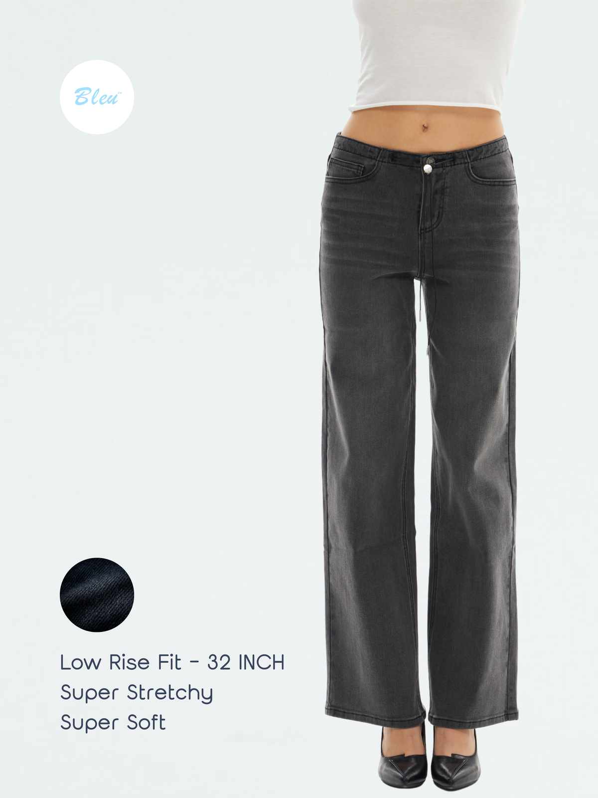Super Stretch Low-Rise String Wide Leg Jeans - Black | BTTW003