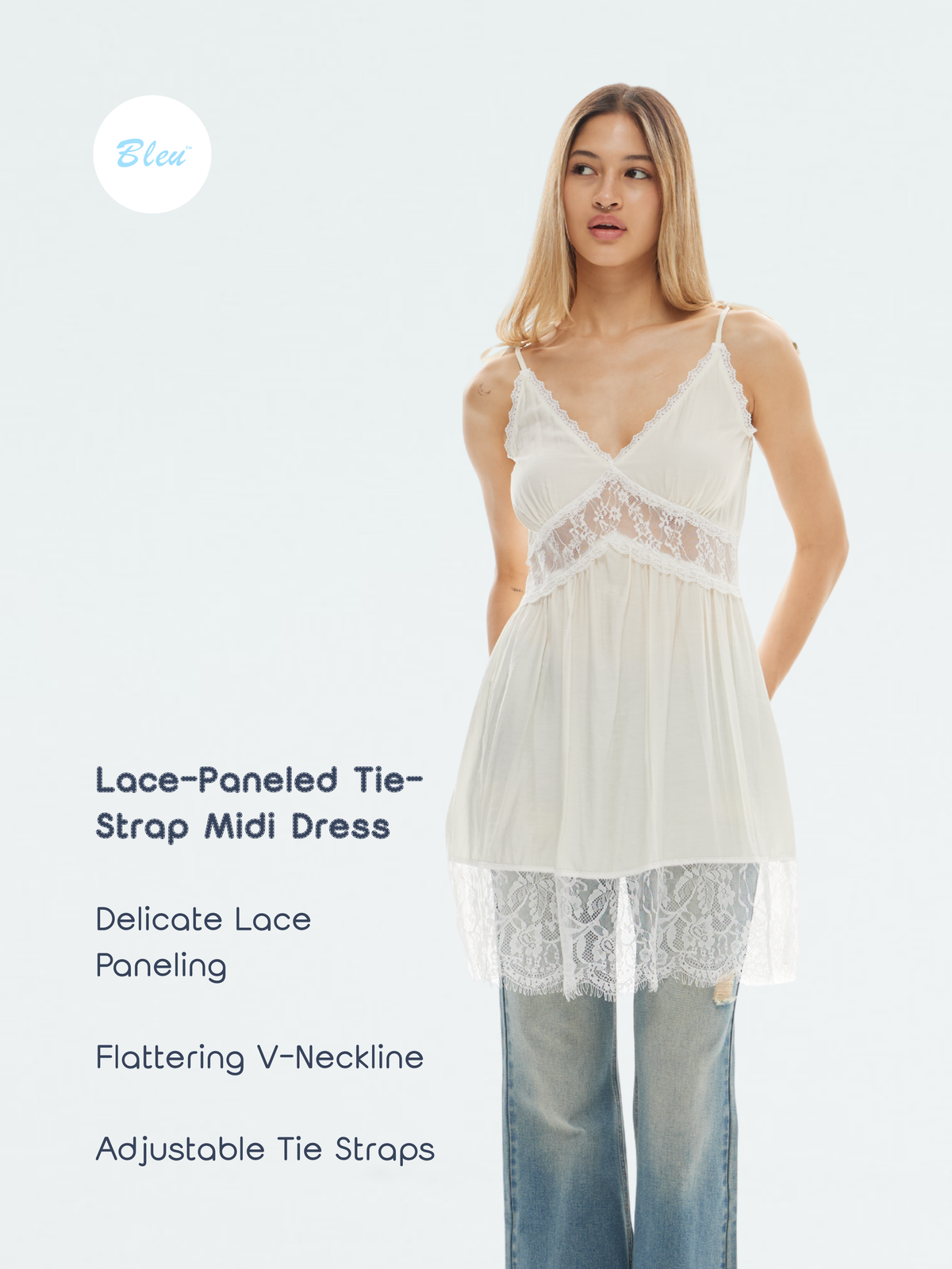 Lace-Paneled Tie-Strap Midi Dress | BTTW016