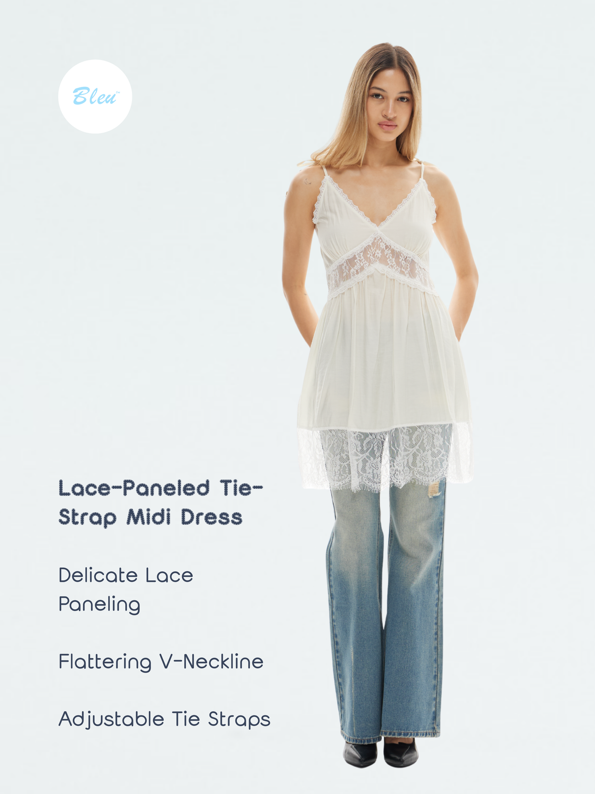 Lace-Paneled Tie-Strap Midi Dress | BTTW016